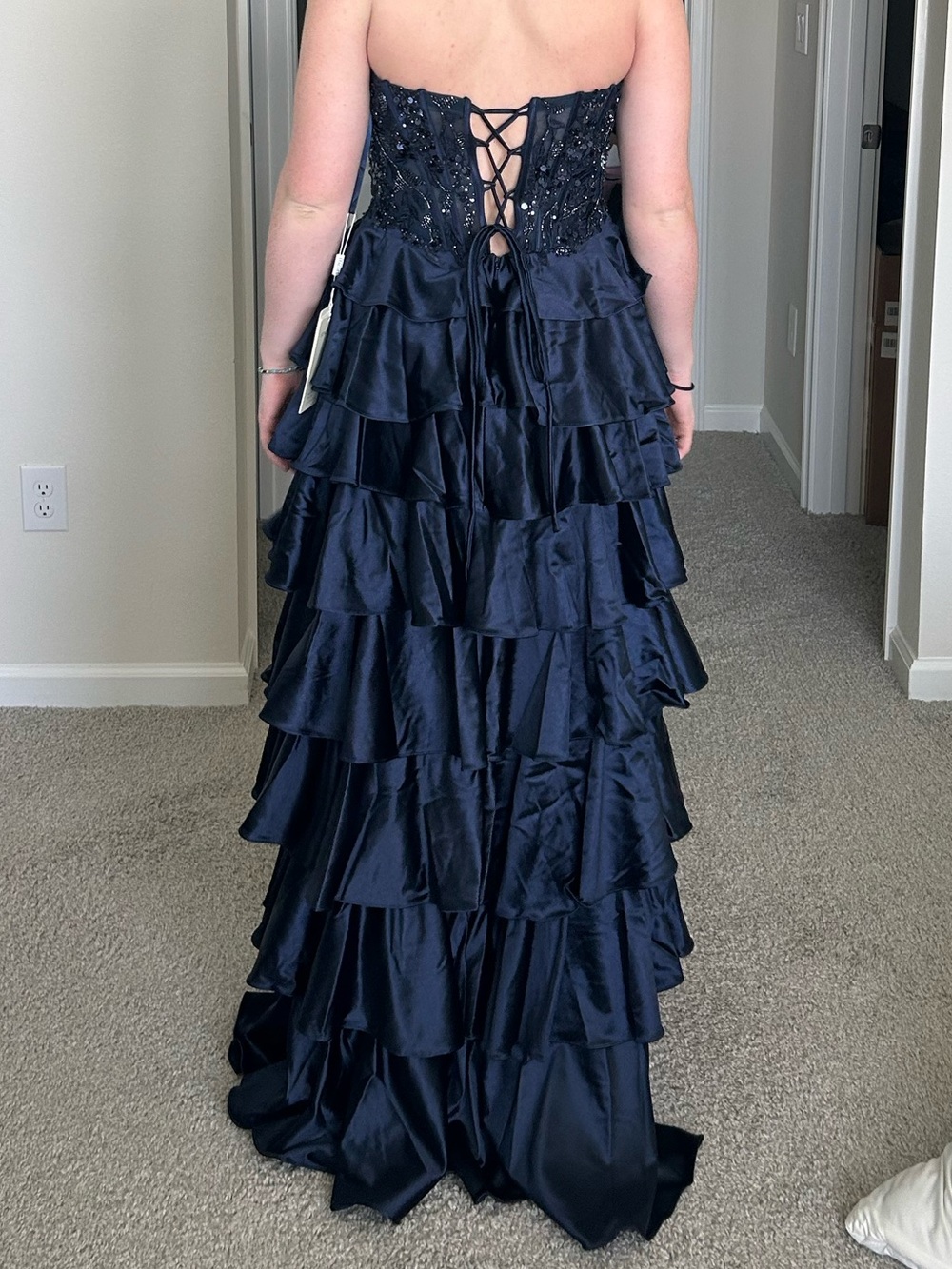 Strapless Navy Ruffled Prom Dress with Lace-Up Back